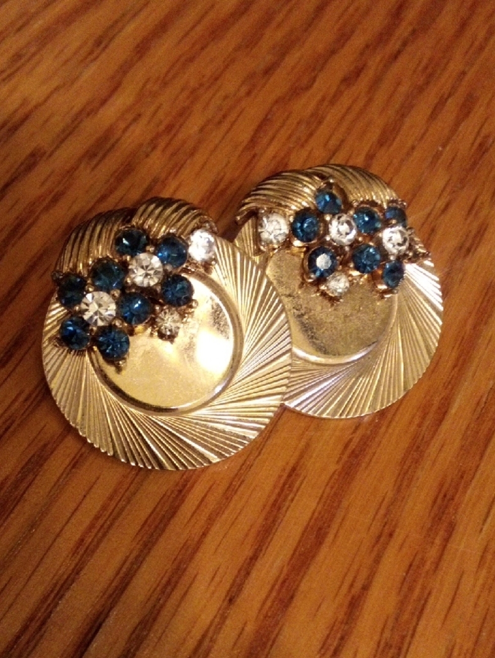 Gold-Tone Vintage Style Clip Earrings with Blue and Clear Stones